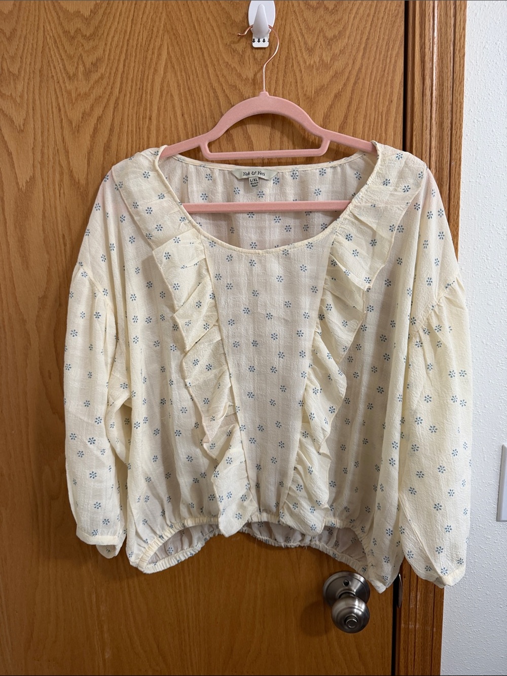 Light Cream Floral Ruffle Front Blouse
